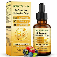 NatureSecrets B-Complex Drops bottle pour shows easy daily dosage for energy support.