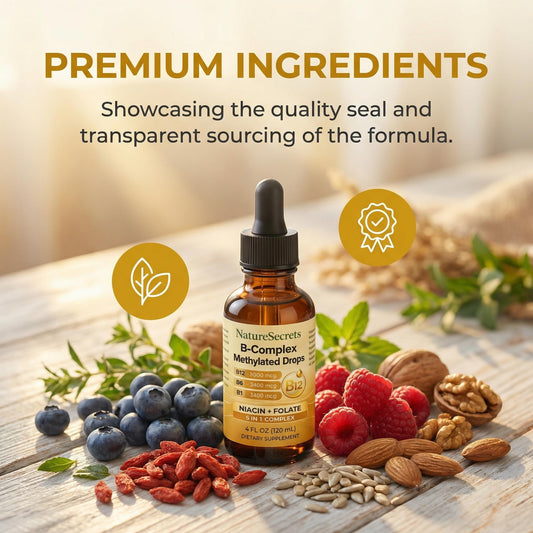 NatureSecrets B-Complex Drops dropper dispensing ensures precise sublingual administration.