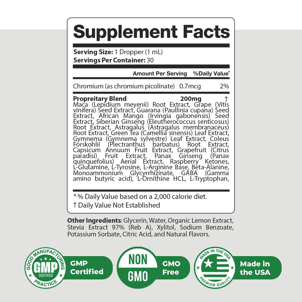 Ingredient panel highlights maca, green tea, chromium for energy-friendly support.
