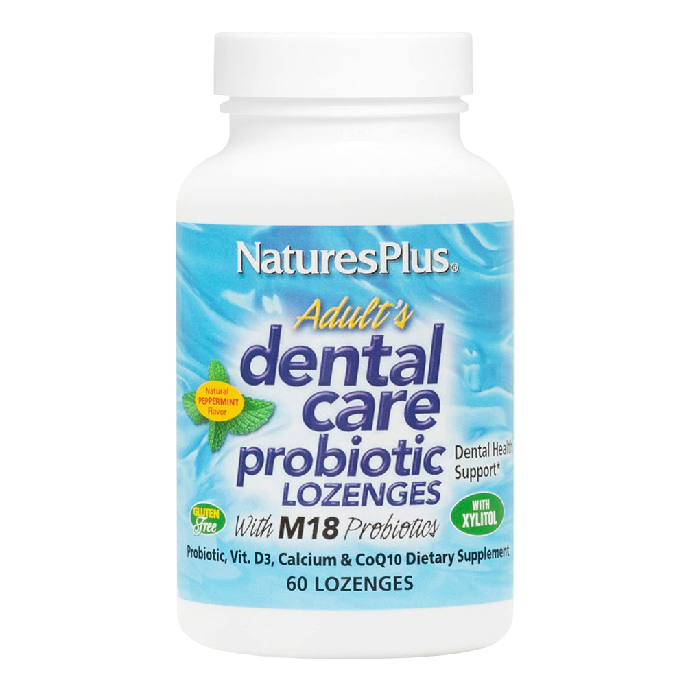 NaturesPlus Adults Dental Care probiotic packaging shows complete dental protection.