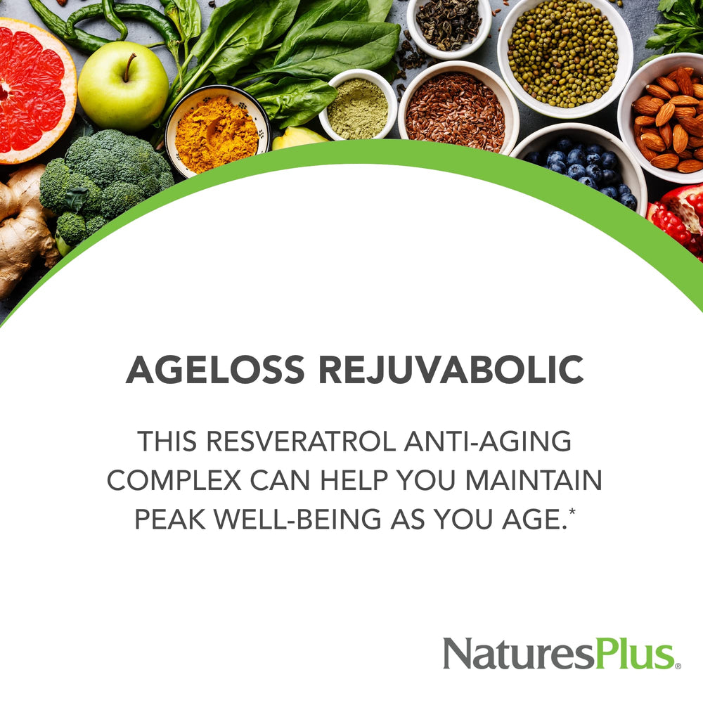 NaturesPlus AgeLoss REJUVABOLIC tablets close-up showing bi-layer design