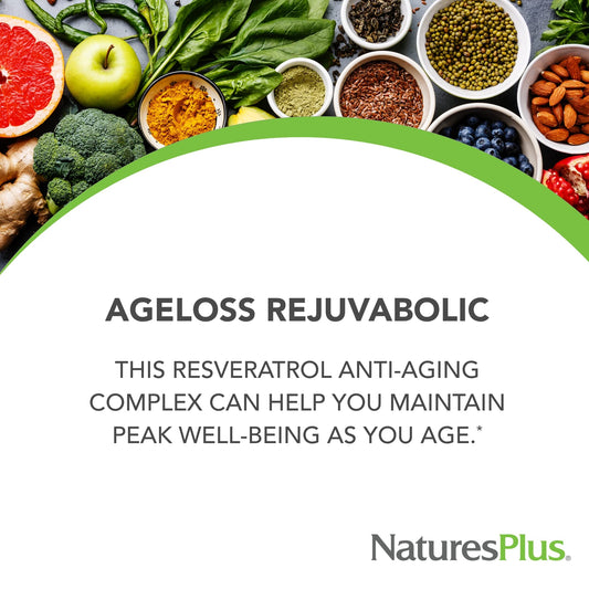 NaturesPlus AgeLoss REJUVABOLIC tablets close-up showing bi-layer design