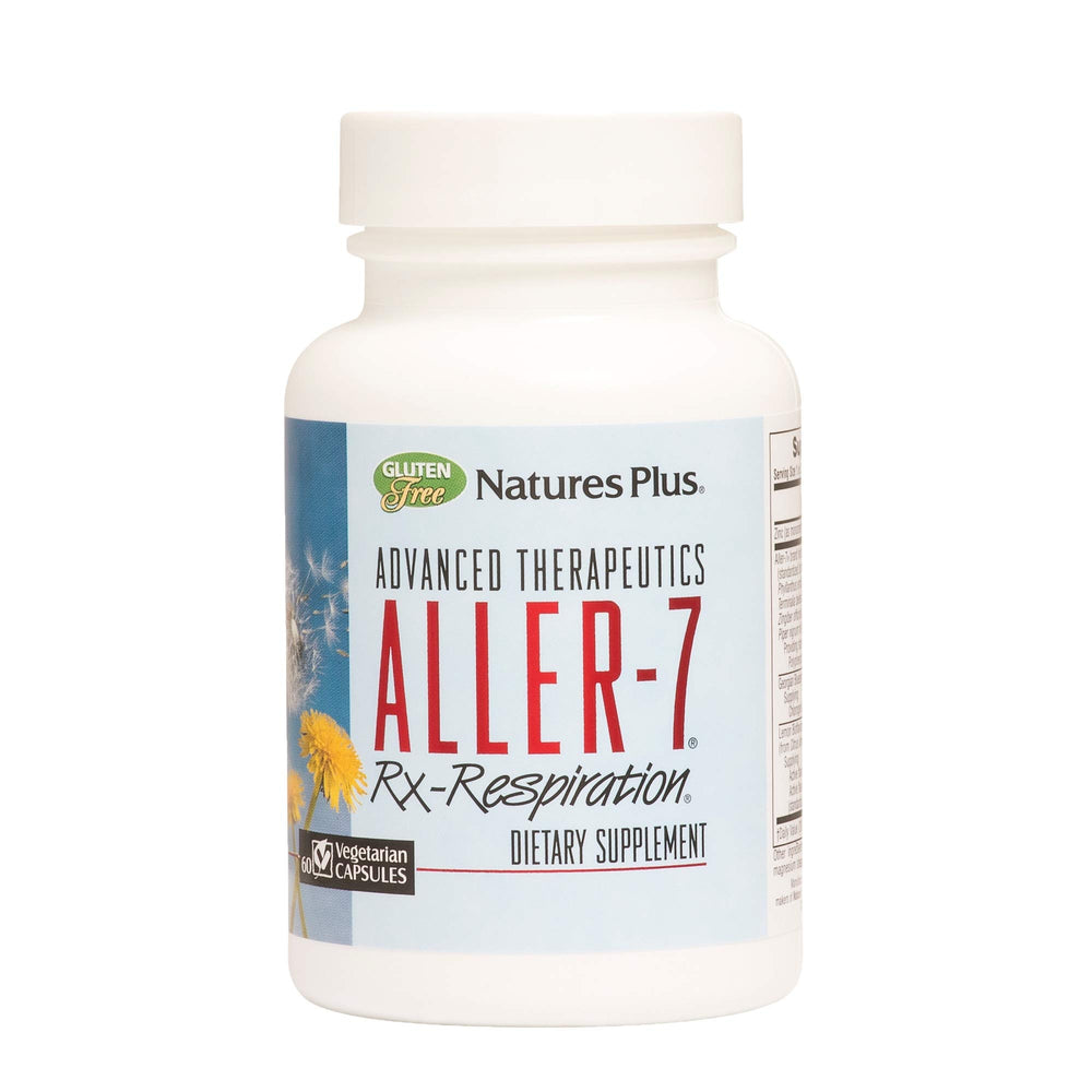 NaturesPlus Aller-7 Rx-Respiration bottle with capsules supports daily respiratory wellness.