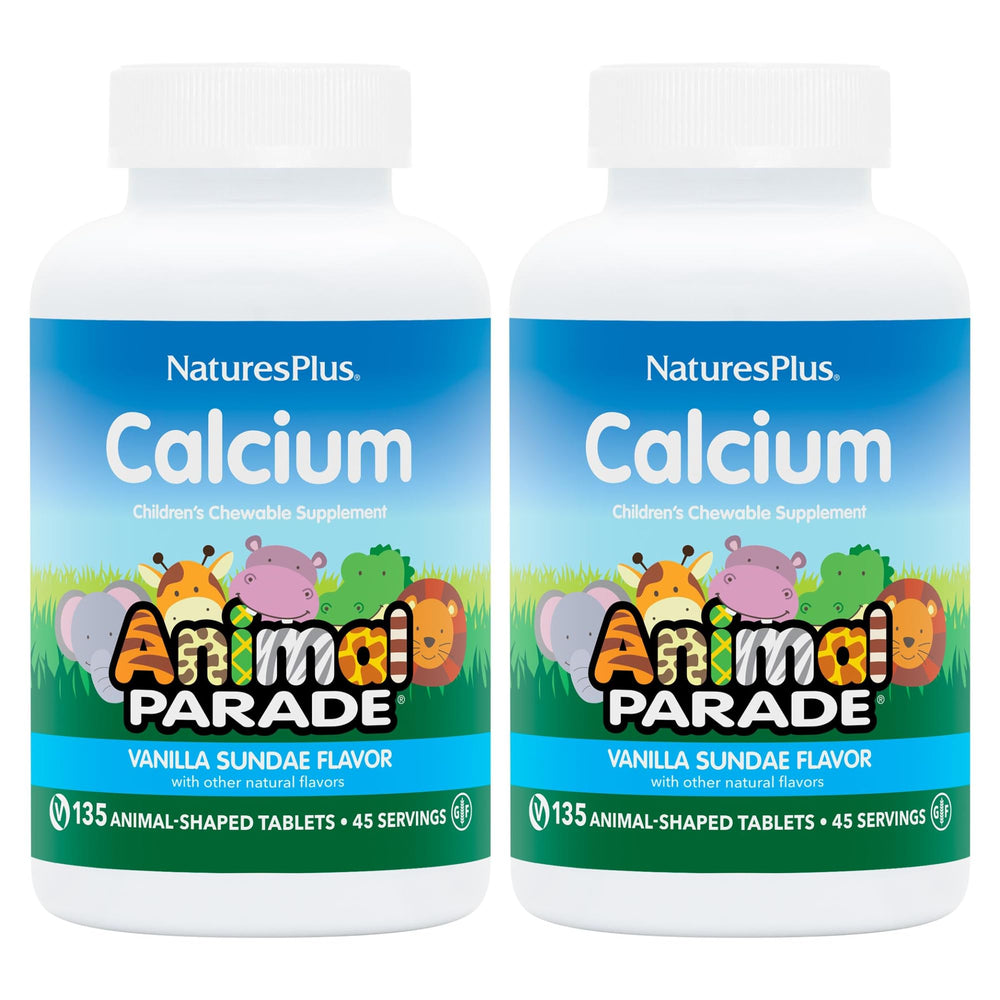 NaturesPlus Animal Parade Calcium vanilla sundae bottle with kid-friendly chewables for daily calcium.