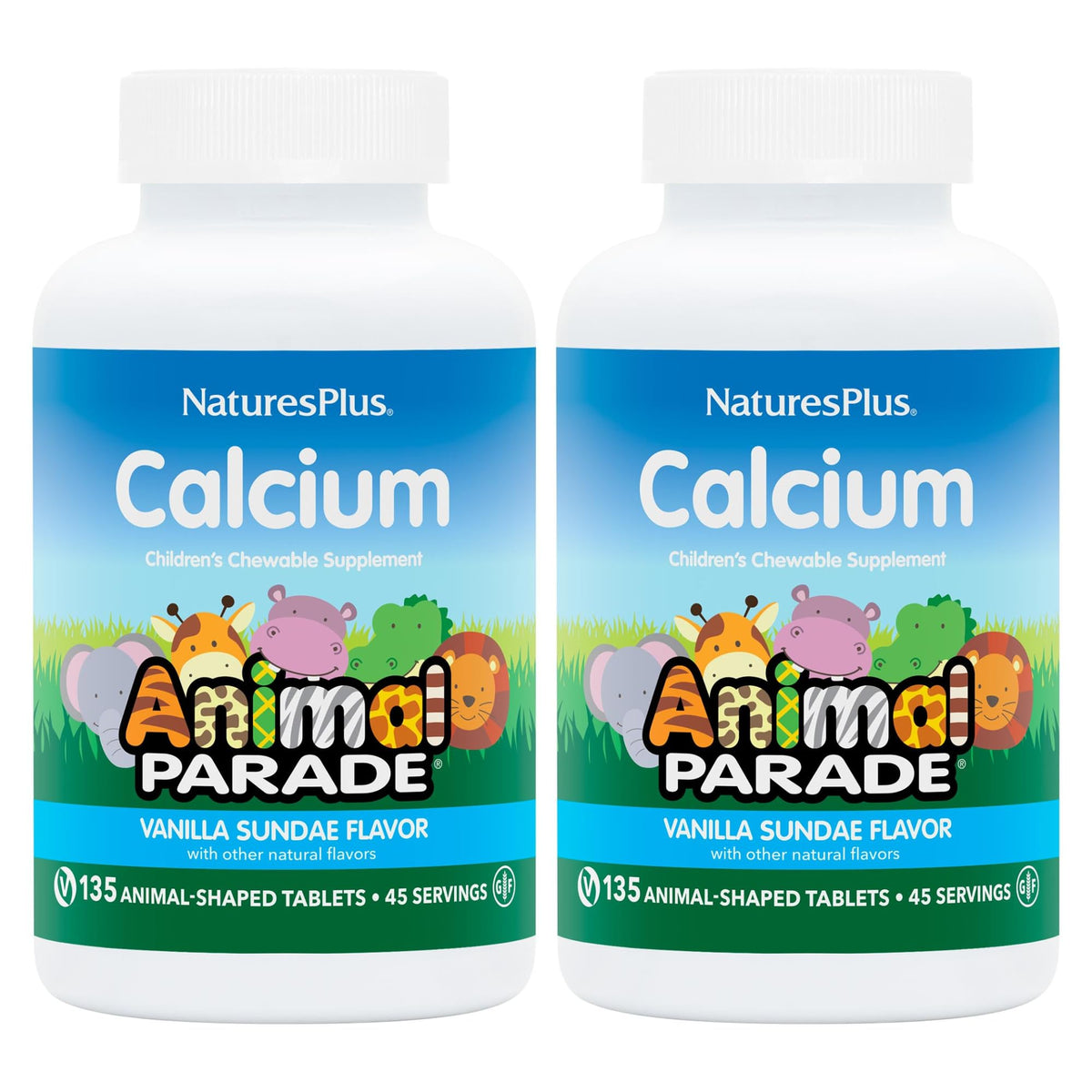 NaturesPlus Animal Parade Calcium vanilla sundae bottle with kid-friendly chewables for daily calcium.