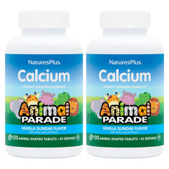 NaturesPlus Animal Parade Calcium vanilla sundae bottle with kid-friendly chewables for daily calcium.