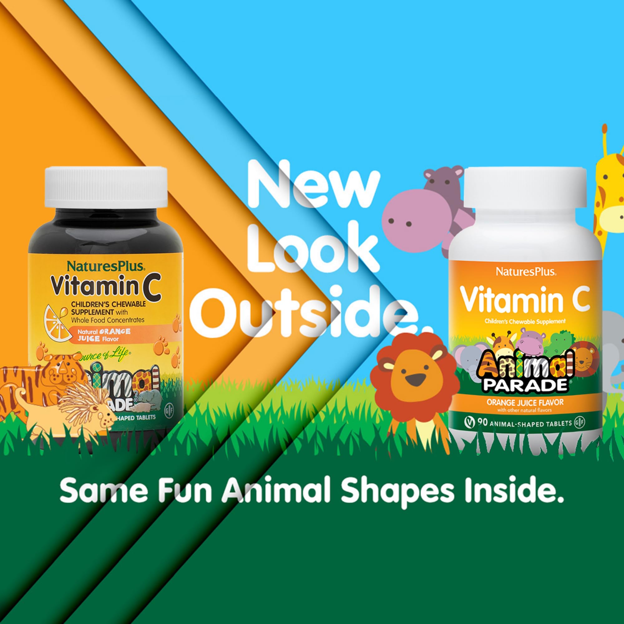 Colorful animal-shaped chewables from NaturesPlus for kids' daily vitamin routine.