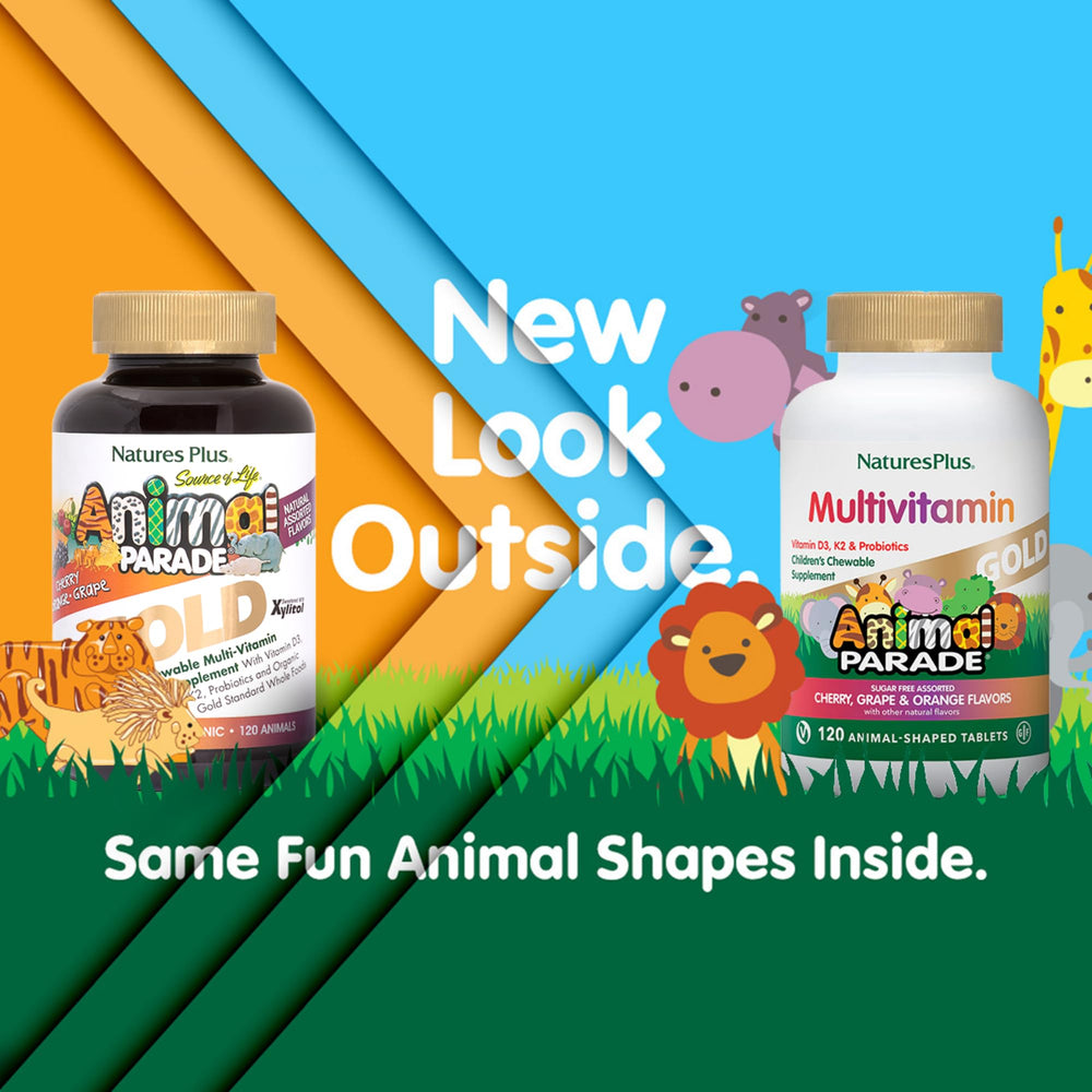 NaturesPlus Animal Parade Gold animal-shaped chewables for kid-friendly daily nutrition.