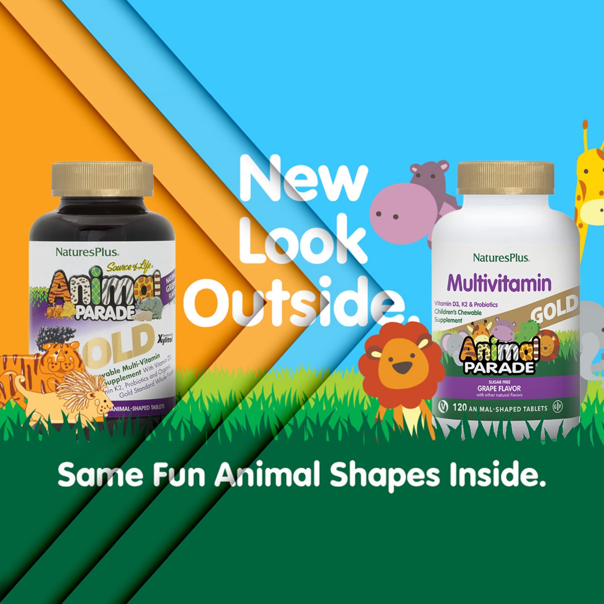 NaturesPlus Animal Parade Gold animal-shaped tablets appealing to kids during daily vitamins