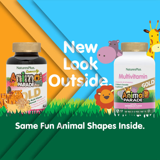 NaturesPlus Animal Parade Gold animal shapes make daily vitamins fun and easy for kids.