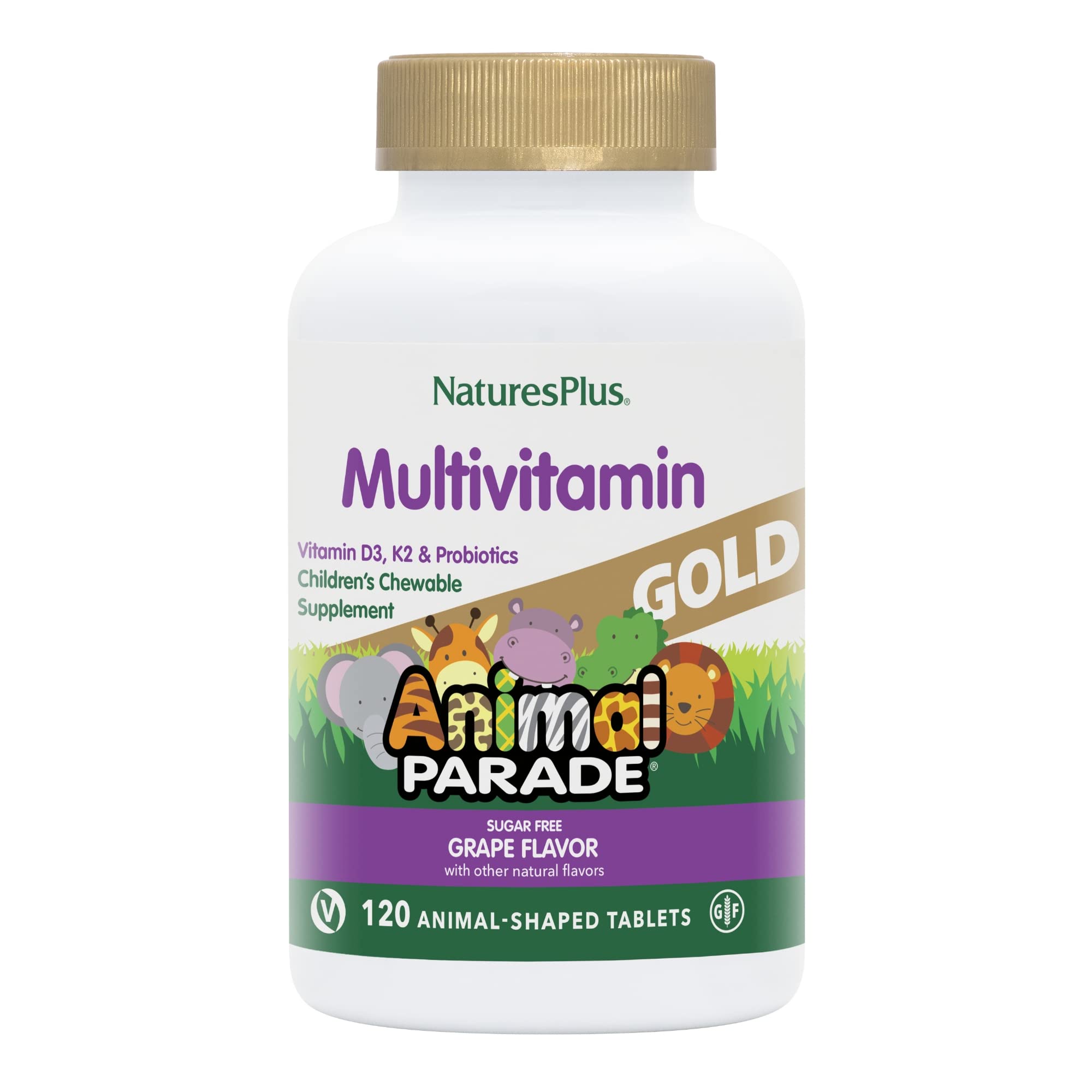 NaturesPlus Animal Parade Gold bottle with chewable tablets, kid-friendly multivitamins
