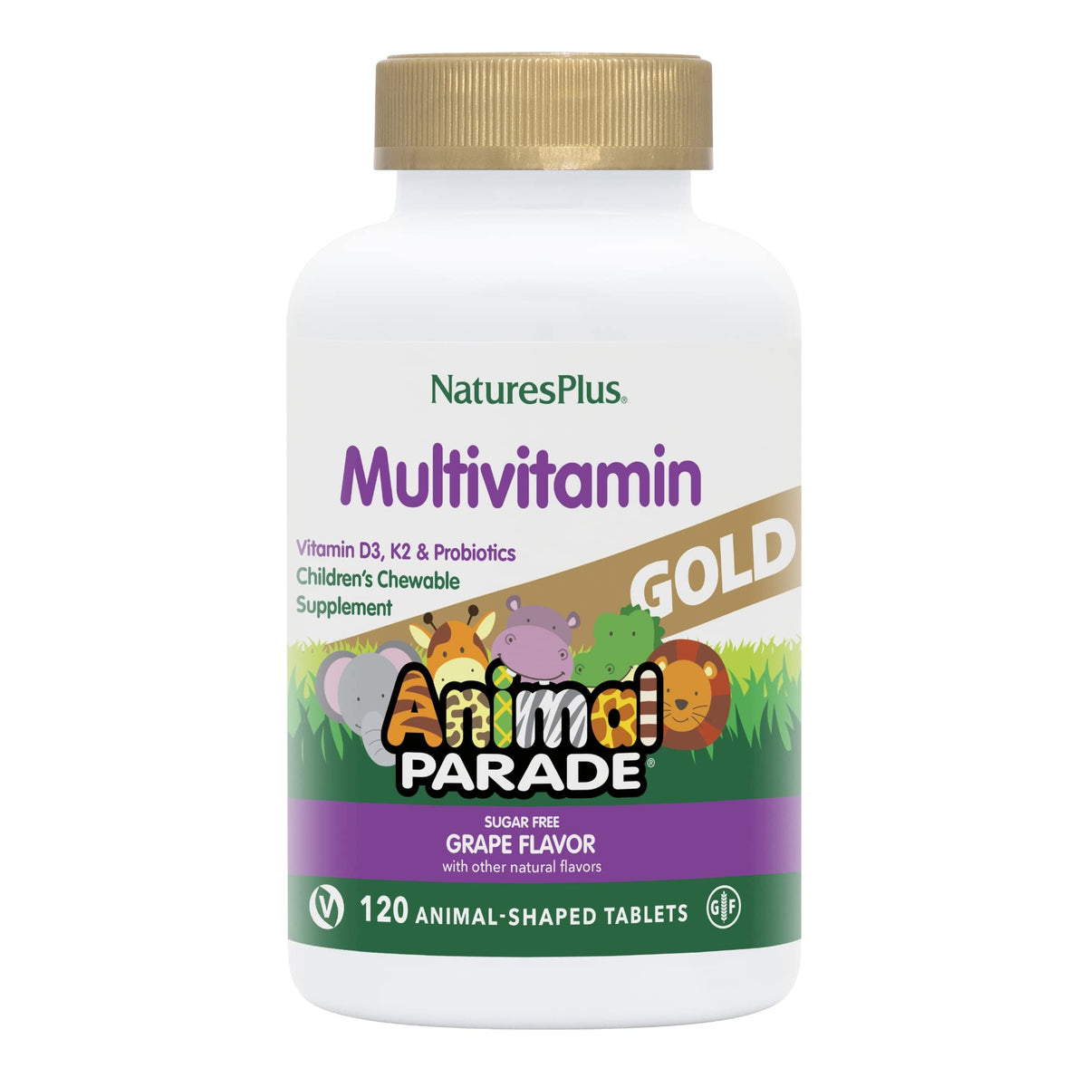 NaturesPlus Animal Parade Gold bottle with chewable tablets, kid-friendly multivitamins