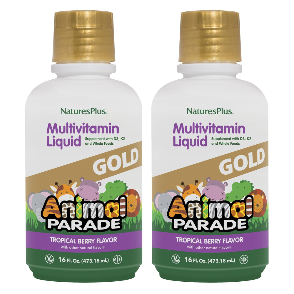NaturesPlus Animal Parade Gold bottle front view with kid-friendly tropical berry multivitamin.