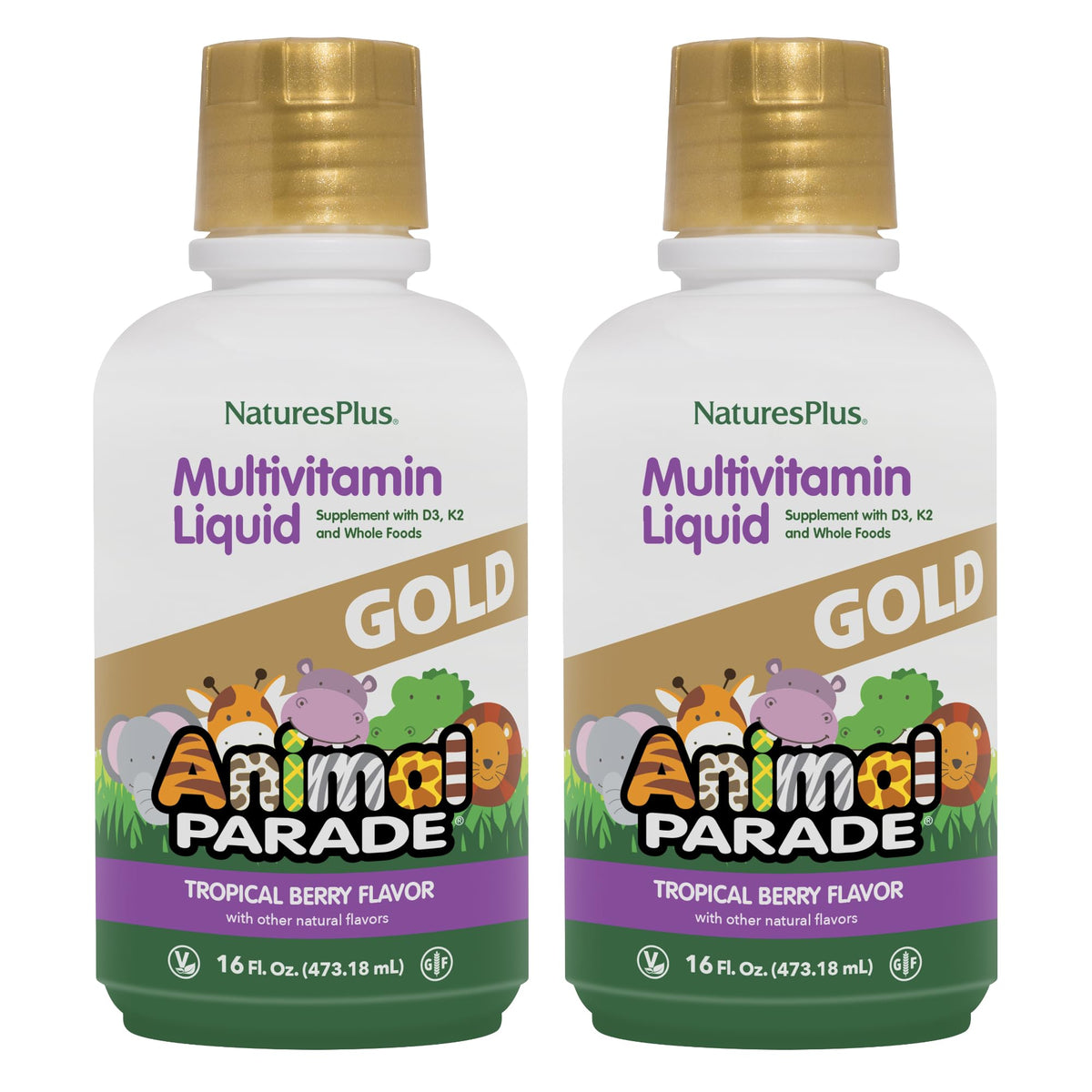 NaturesPlus Animal Parade Gold bottle front view with kid-friendly tropical berry multivitamin.