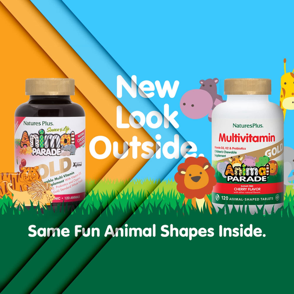 NaturesPlus Animal Parade Gold bottle on a shelf signaling a trusted kids’ multivitamin.