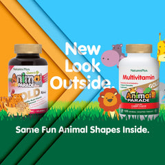 NaturesPlus Animal Parade Gold bottle on a shelf signaling a trusted kids’ multivitamin.