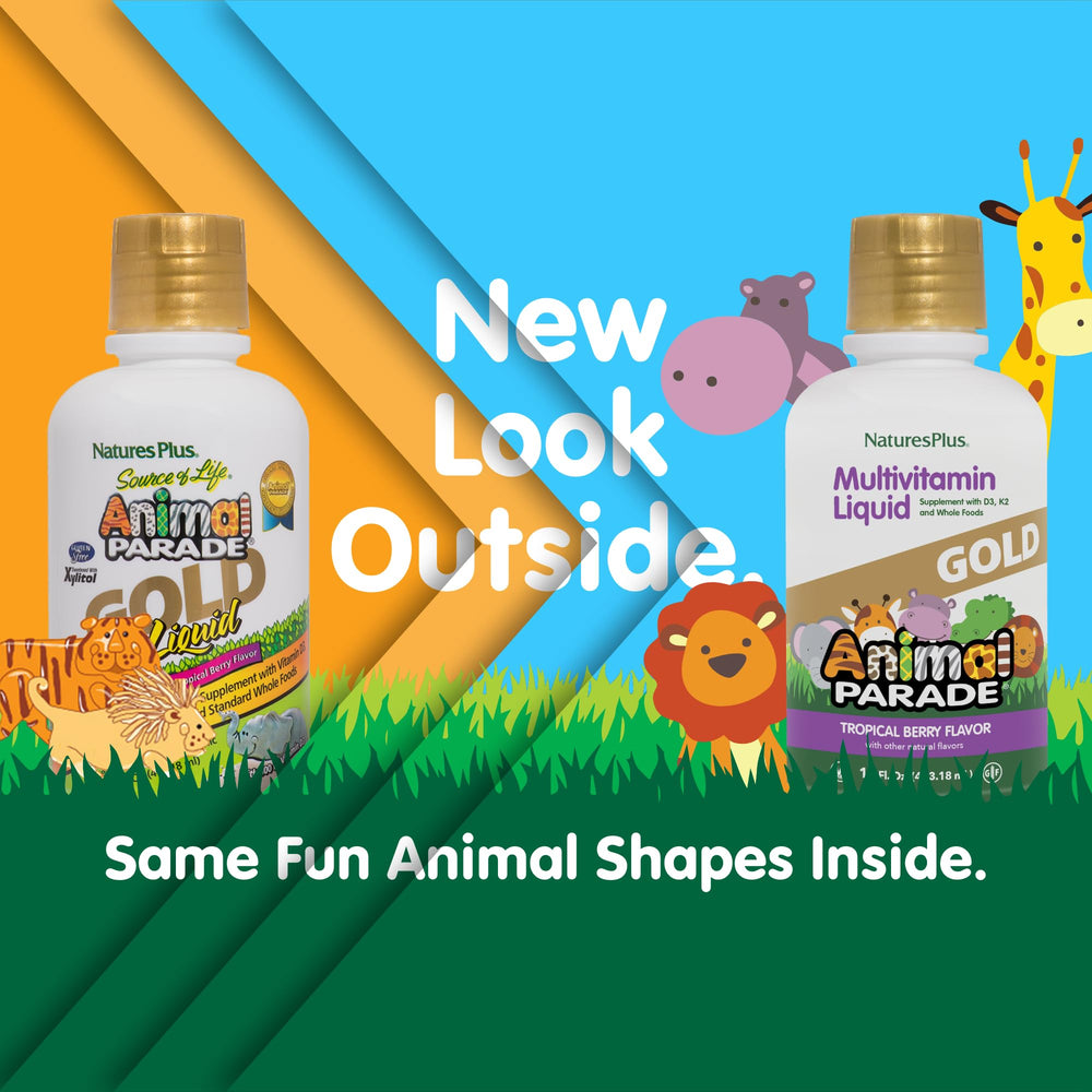 NaturesPlus Animal Parade Gold bottle side view highlighting gluten-free, vegan formula.
