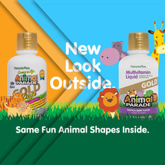 NaturesPlus Animal Parade Gold bottle side view highlighting gluten-free, vegan formula.