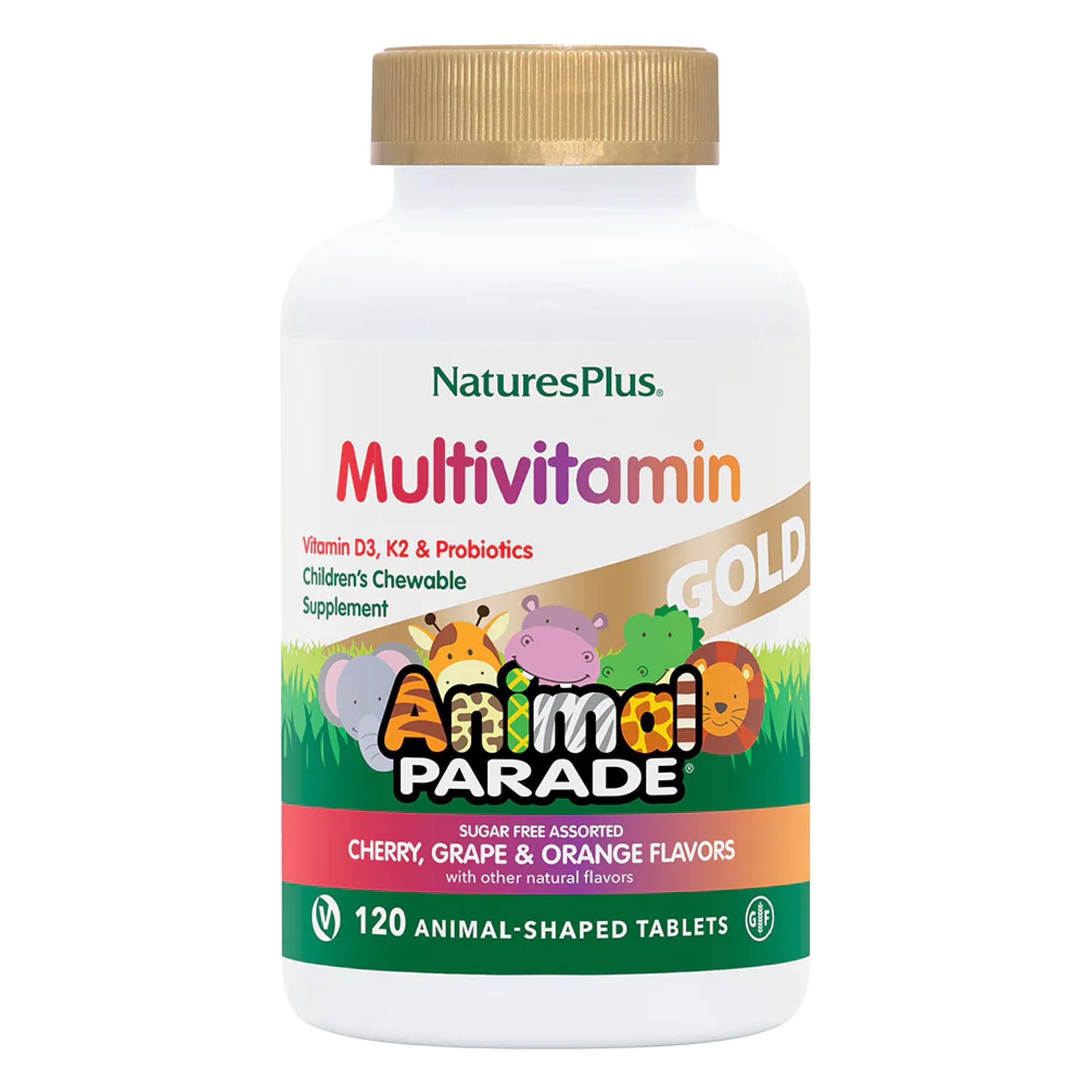 NaturesPlus Animal Parade Gold bottle with colorful animal-shaped chews for kids