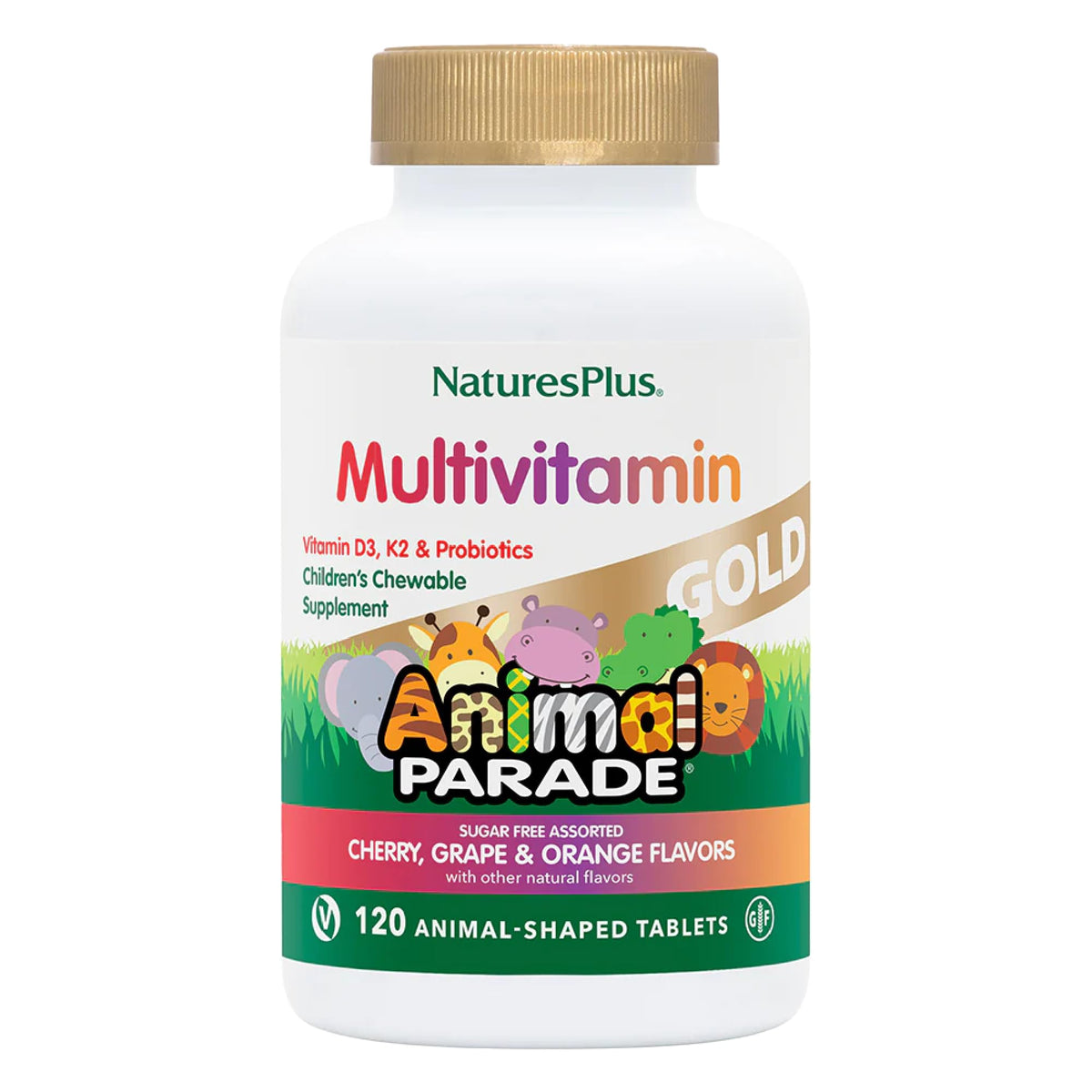 NaturesPlus Animal Parade Gold bottle with colorful animal-shaped chews for kids