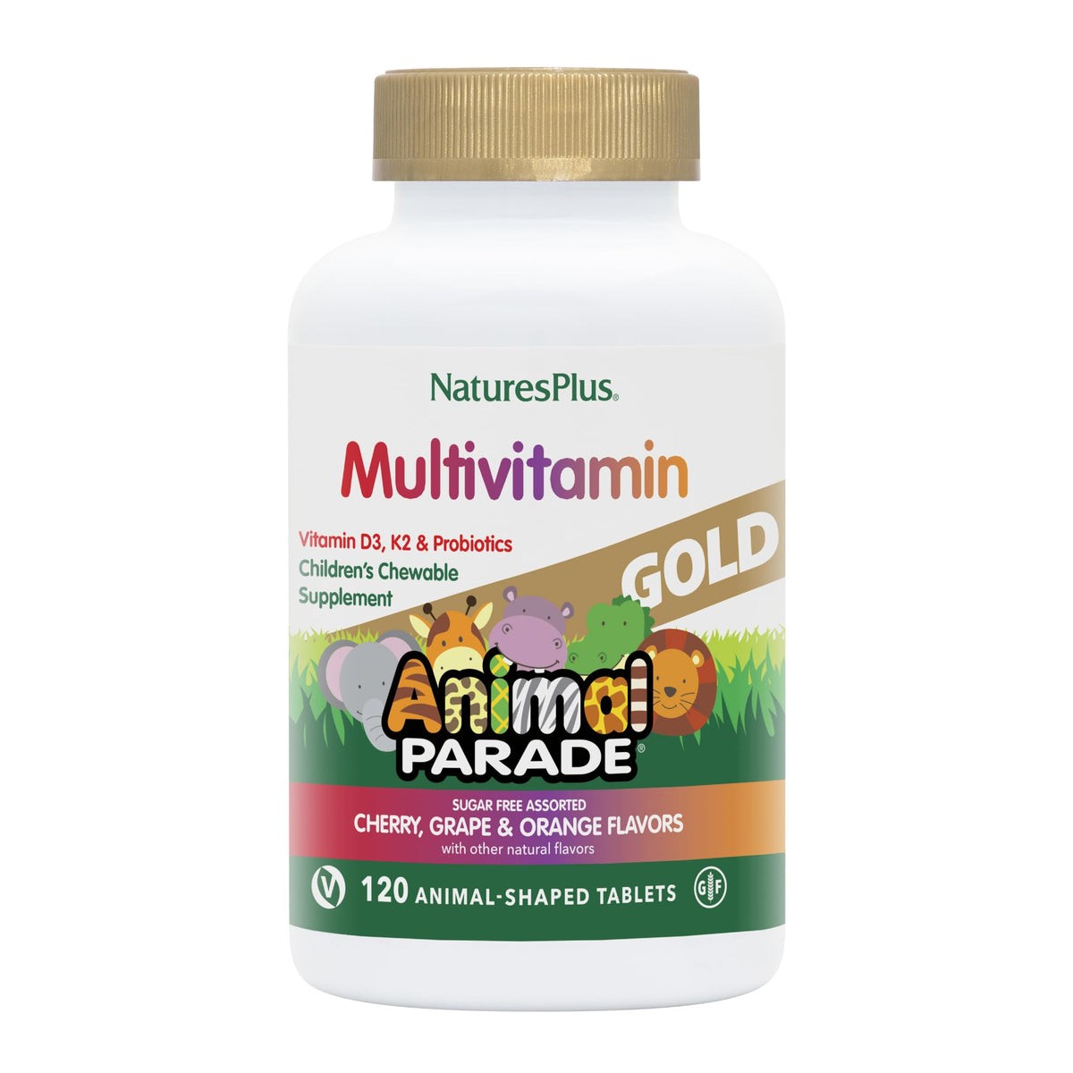 NaturesPlus Animal Parade Gold bottle shows kid-friendly design for daily vitamins.