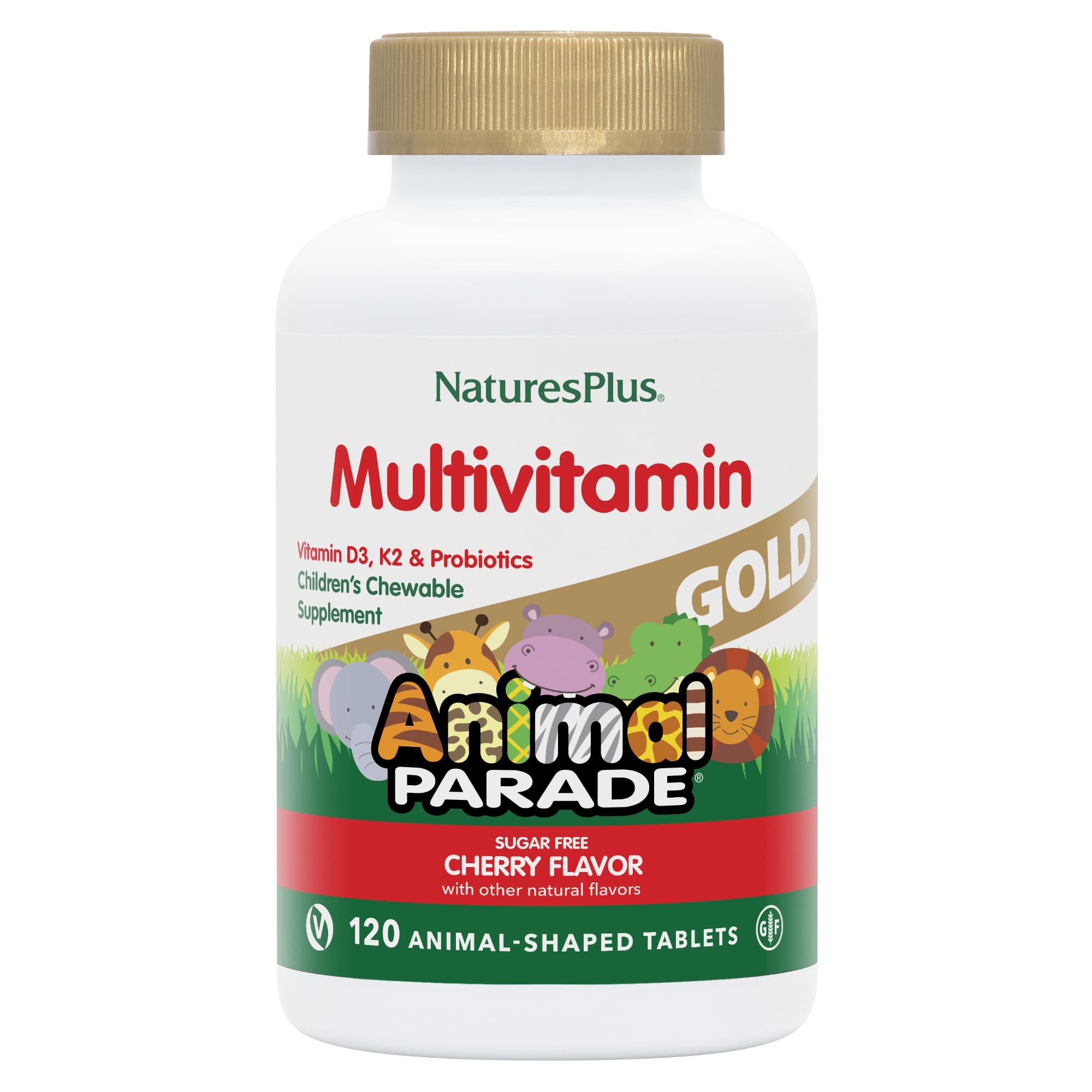 NaturesPlus Animal Parade Gold cherry-flavored chewables for kids’ daily nutrition.