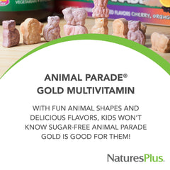 NaturesPlus Animal Parade Gold flavors cherry, orange, grape entice kids.