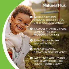 NaturesPlus Animal Parade Gold label close-up showing vitamins and prebiotics.