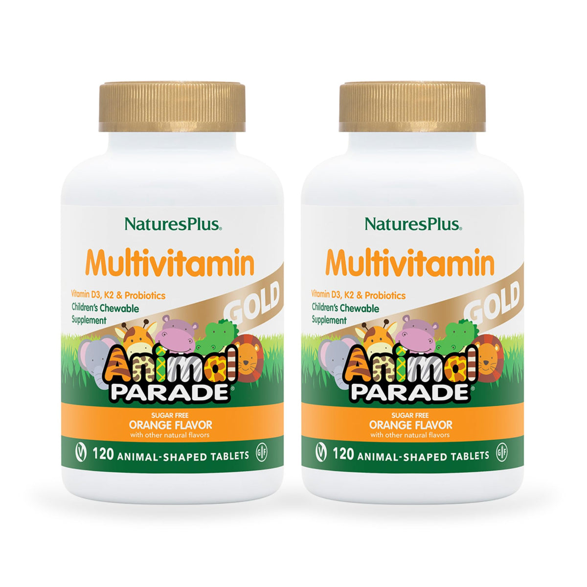 NaturesPlus Animal Parade Gold orange chewable tablets, kid-friendly nutrition in a convenient 2-pack