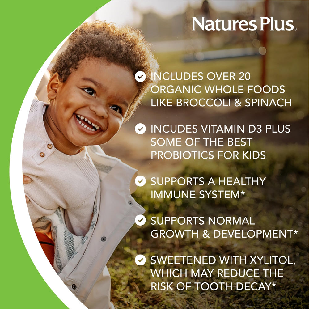 NaturesPlus Animal Parade Gold orange-flavor chewables highlighted for refreshing taste.