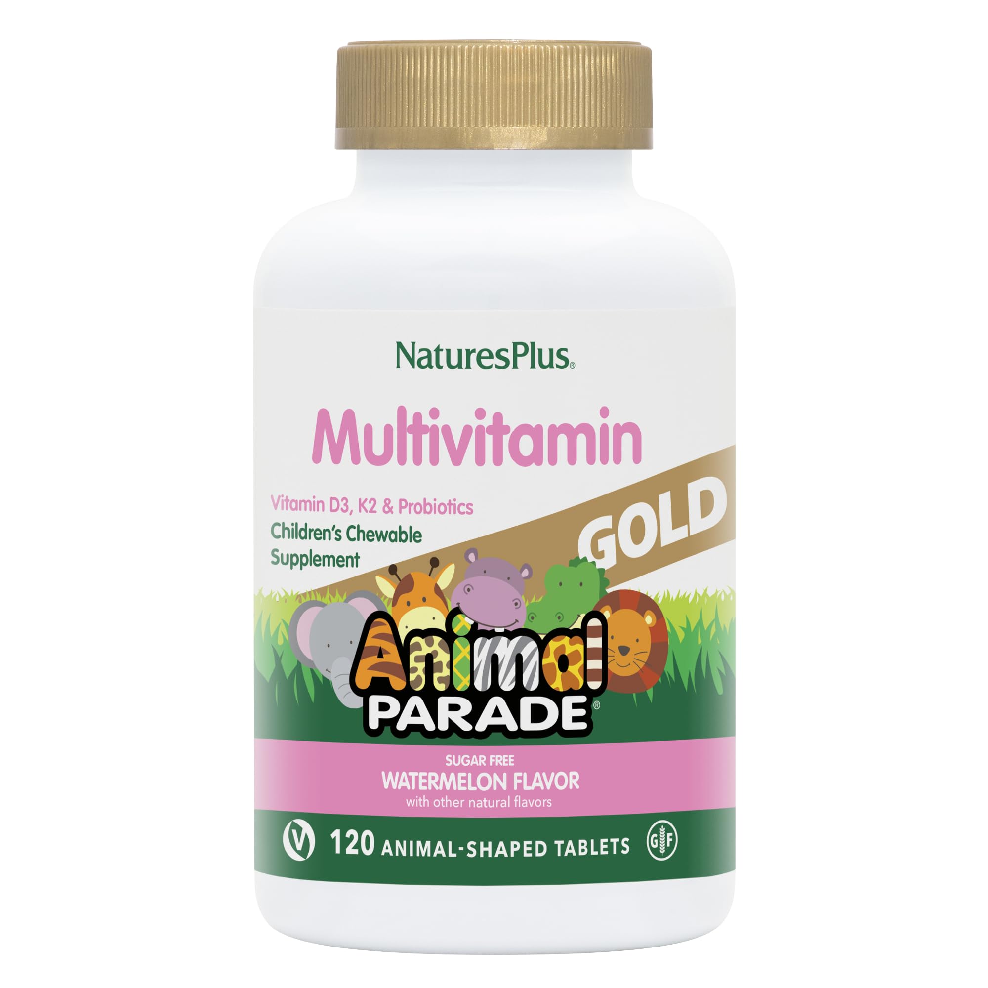 NaturesPlus Animal Parade Gold packaging shows a kid-friendly vitamin option in a vibrant watermelon theme.