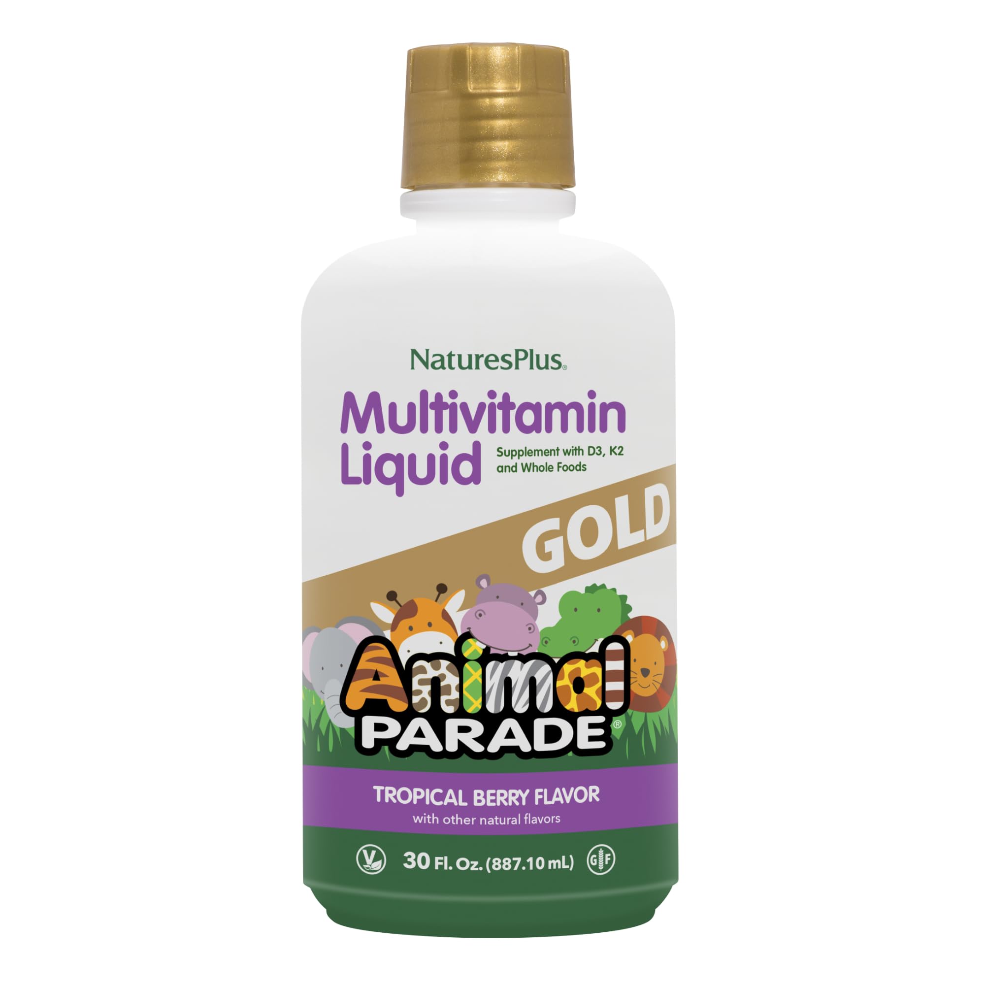 NaturesPlus Animal Parade Gold tropical berry bottle for kids' daily vitamins