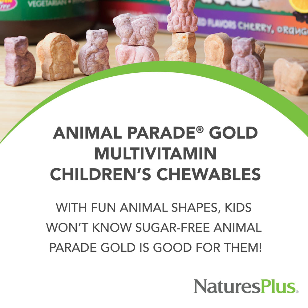 NaturesPlus Animal Parade Gold featuring vitamin D3, K2 and probiotics capsule visuals.