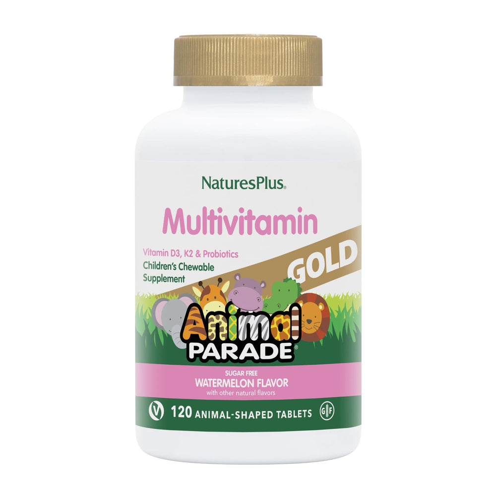 NaturesPlus Animal Parade Gold watermelon-flavored chewables for daily kid wellness.