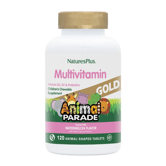 NaturesPlus Animal Parade Gold watermelon-flavored chewables for daily kid wellness.