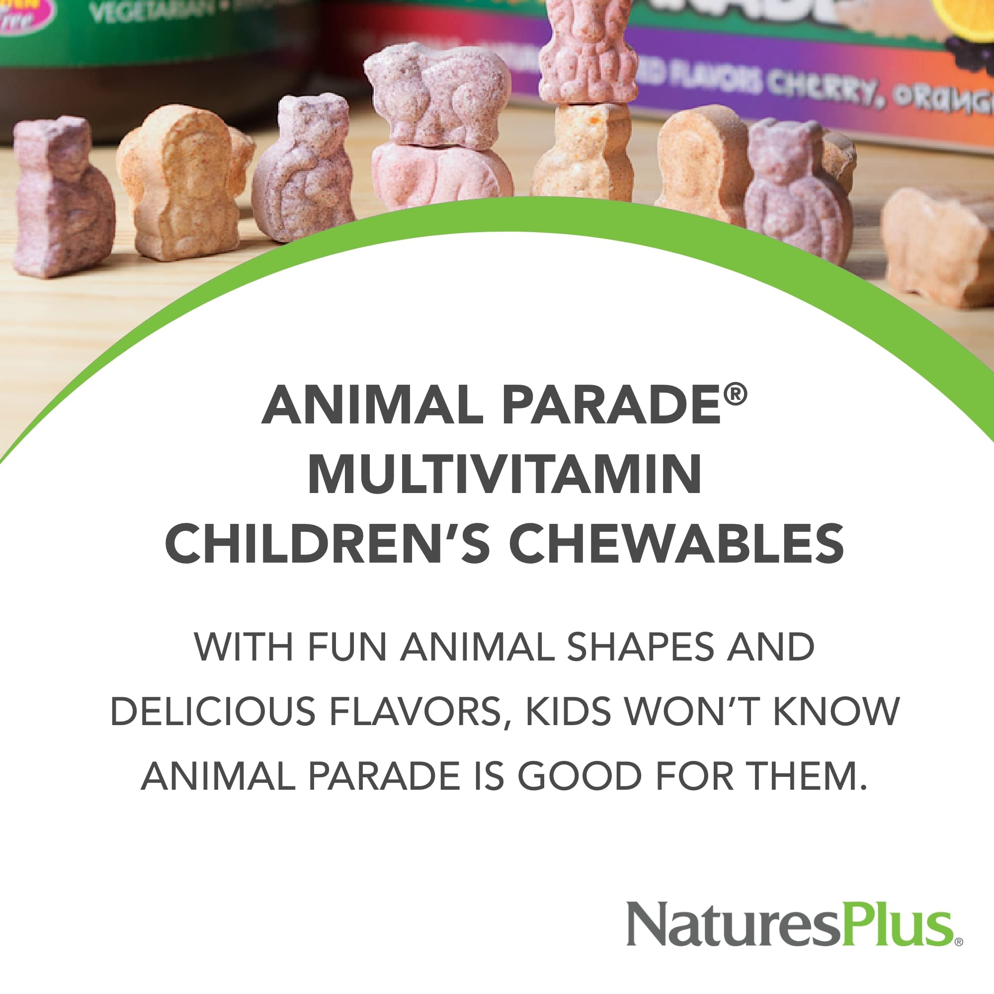 NaturesPlus Animal Parade grape-flavored chewables delight kids during routine.