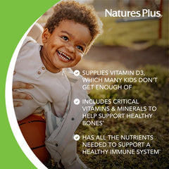 NaturesPlus Animal Parade bottle with kids enjoying the tropical flavor.