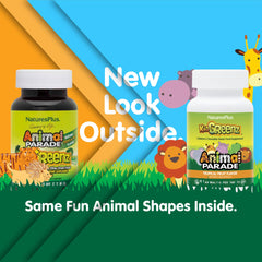 NaturesPlus Animal Parade KidGreenz bottle back with ingredient highlights for parents.