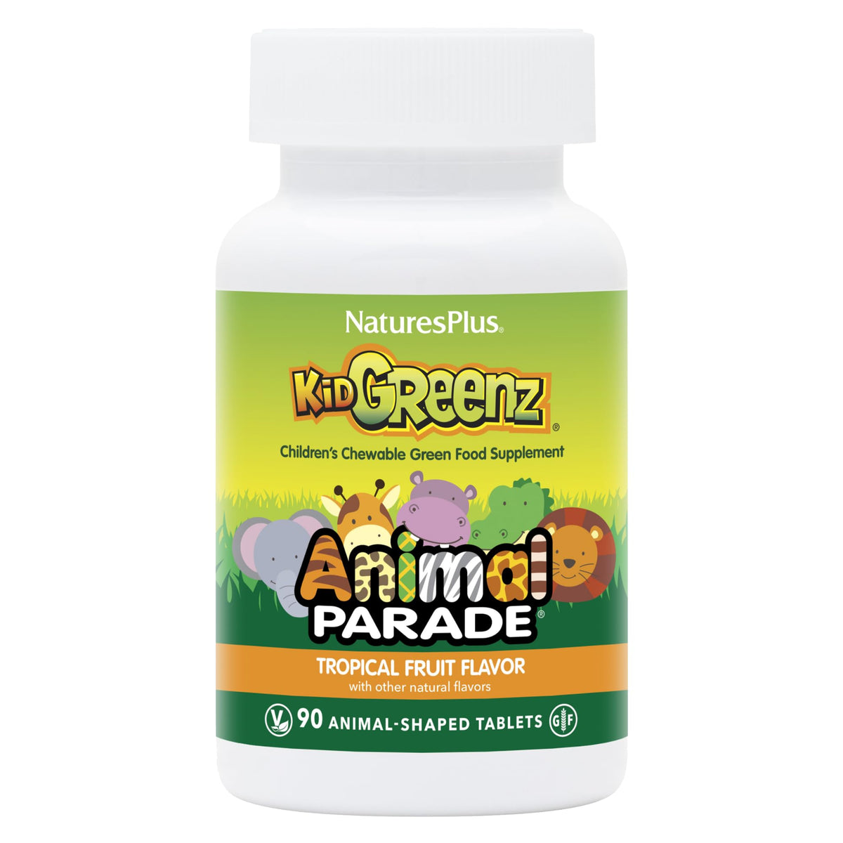 NaturesPlus Animal Parade KidGreenz bottle front showing kid-friendly design and packaging.