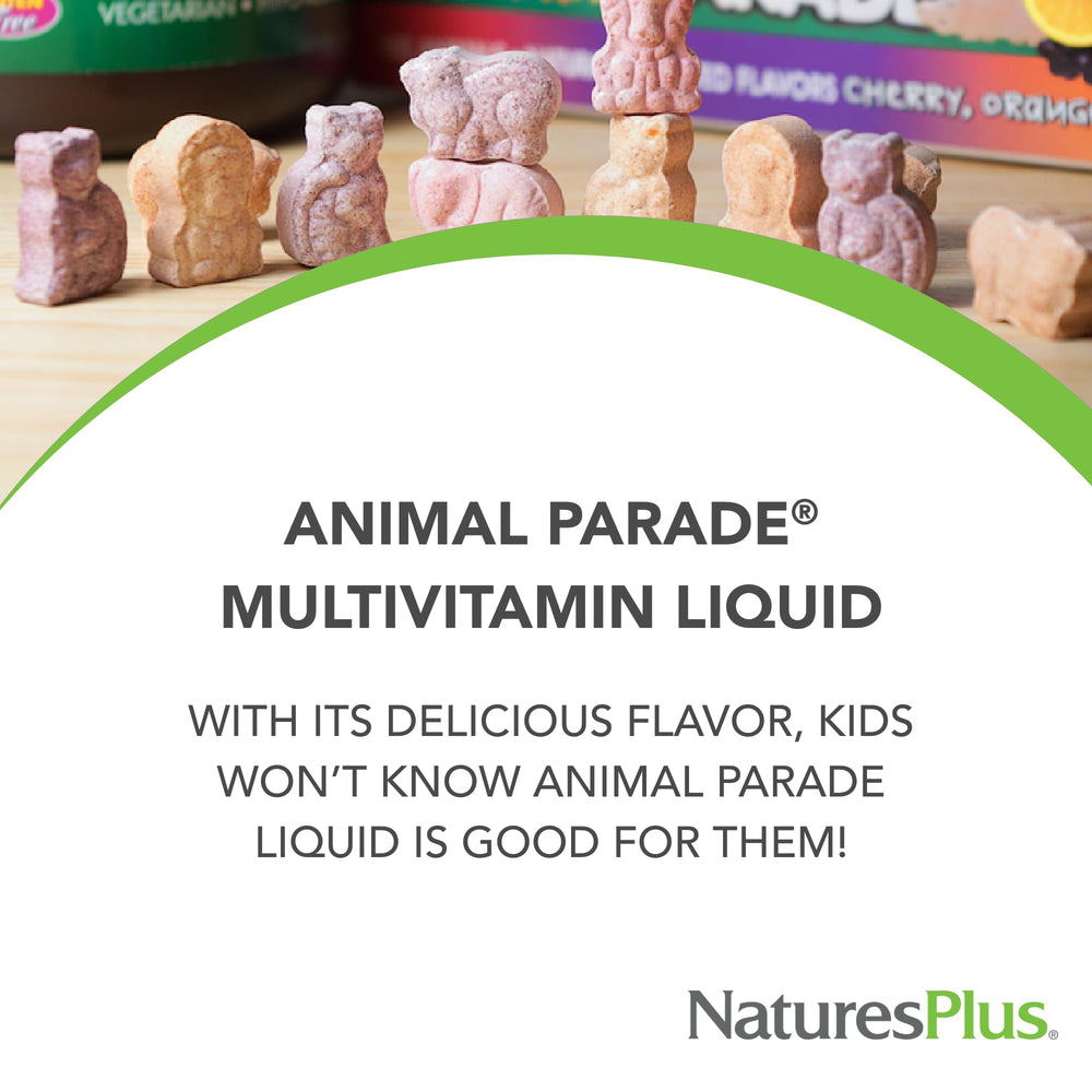 NaturesPlus Animal Parade liquid multivitamin label close-up, highlighting essential vitamins and whole food blends.