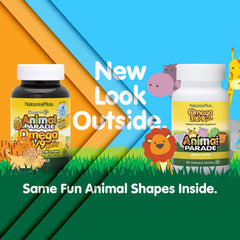 NaturesPlus Animal Parade Junior lemon bottle side showing ingredients and claims.