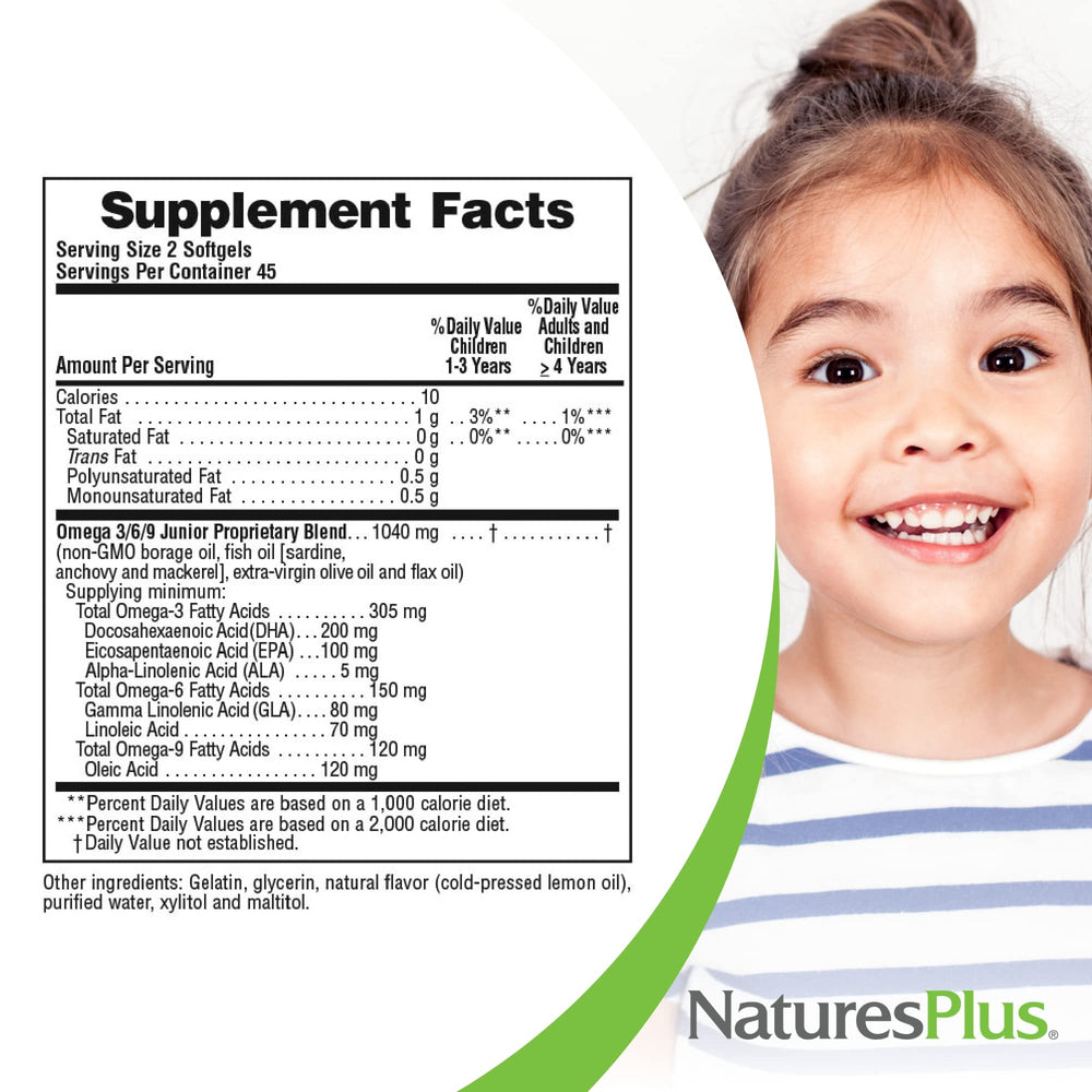 NaturesPlus Animal Parade Omega 3/6/9 Junior bottle highlights non-GMO, gluten-free formula.
