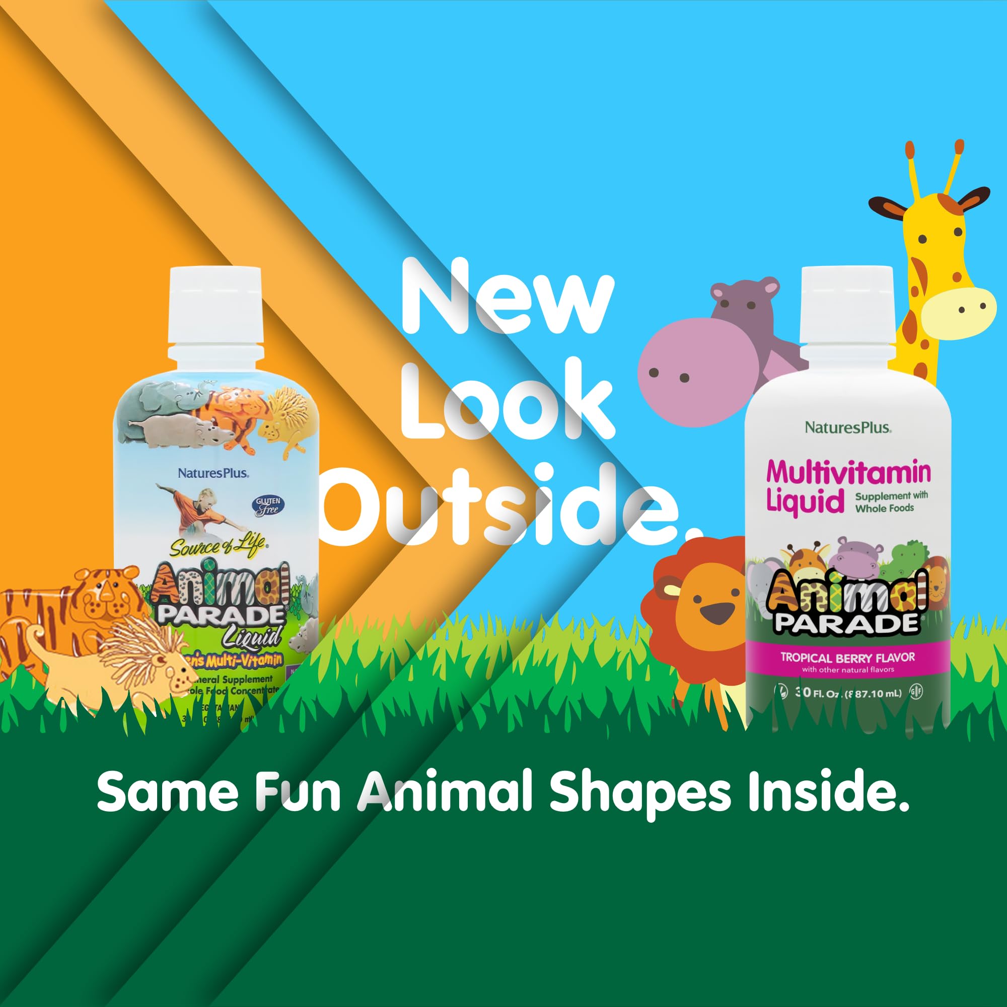 NaturesPlus Animal Parade label close-up highlighting 100% DV vitamins for children