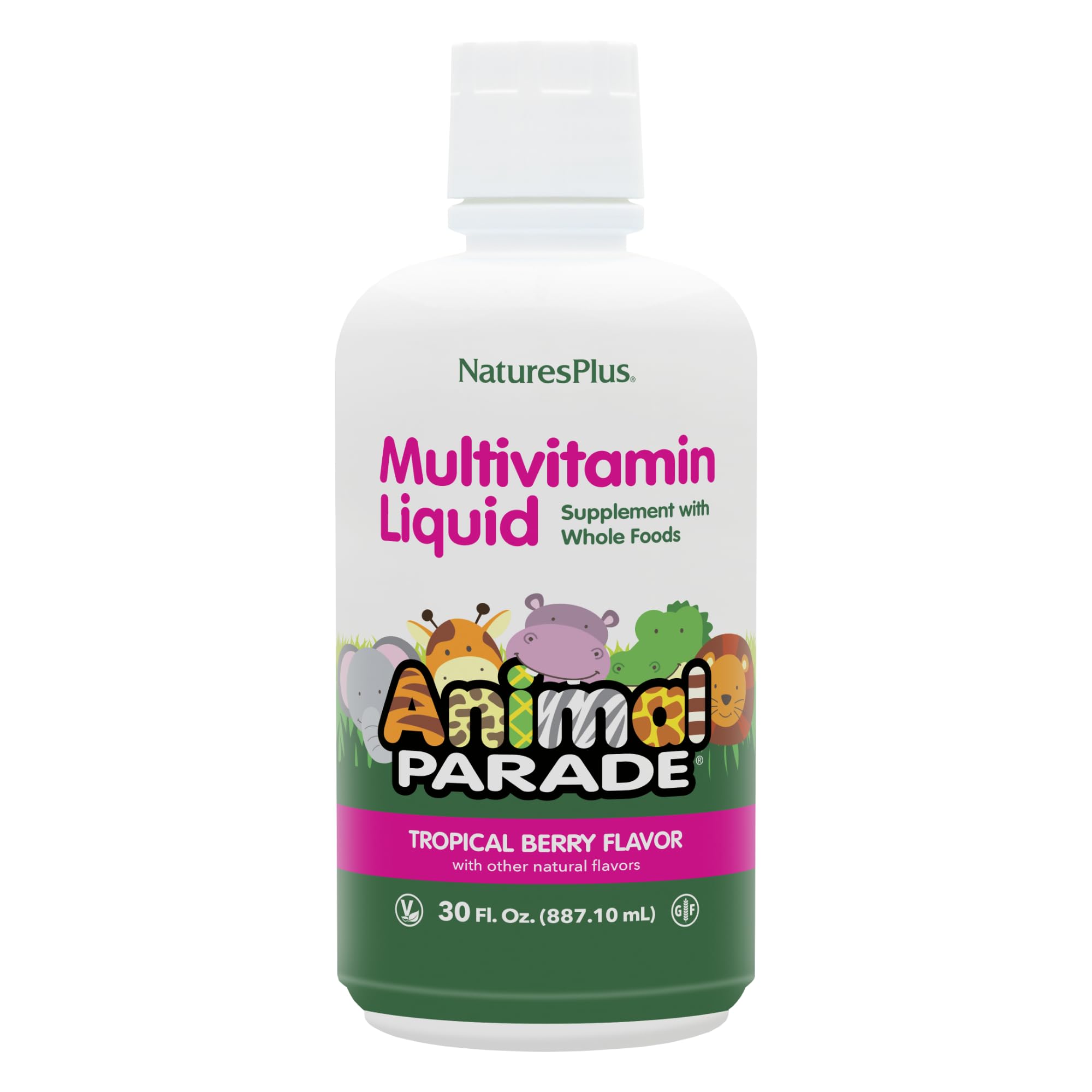NaturesPlus Animal Parade bottle pour showing tropical berry flavor for kids' daily nutrition