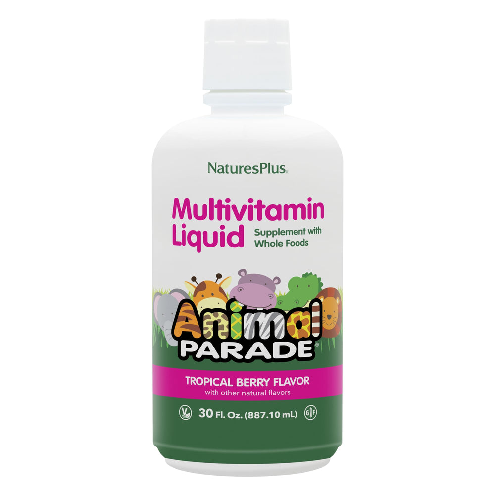 NaturesPlus Animal Parade bottle pour showing tropical berry flavor for kids' daily nutrition