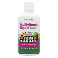 NaturesPlus Animal Parade bottle pour showing tropical berry flavor for kids' daily nutrition