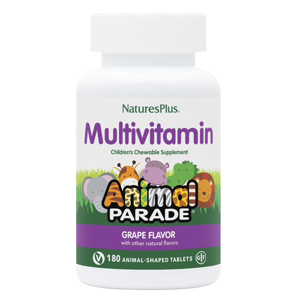 NaturesPlus Animal Parade tablets in playful animal shapes for kids' daily vitamins.