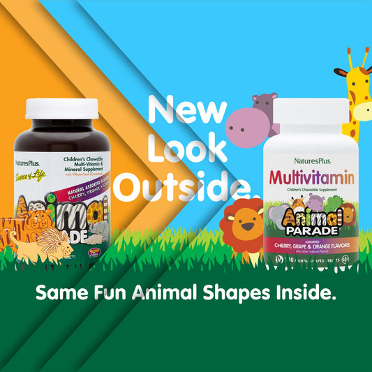 Close-up of NaturesPlus Animal Parade animal-shaped tablets appealing to kids