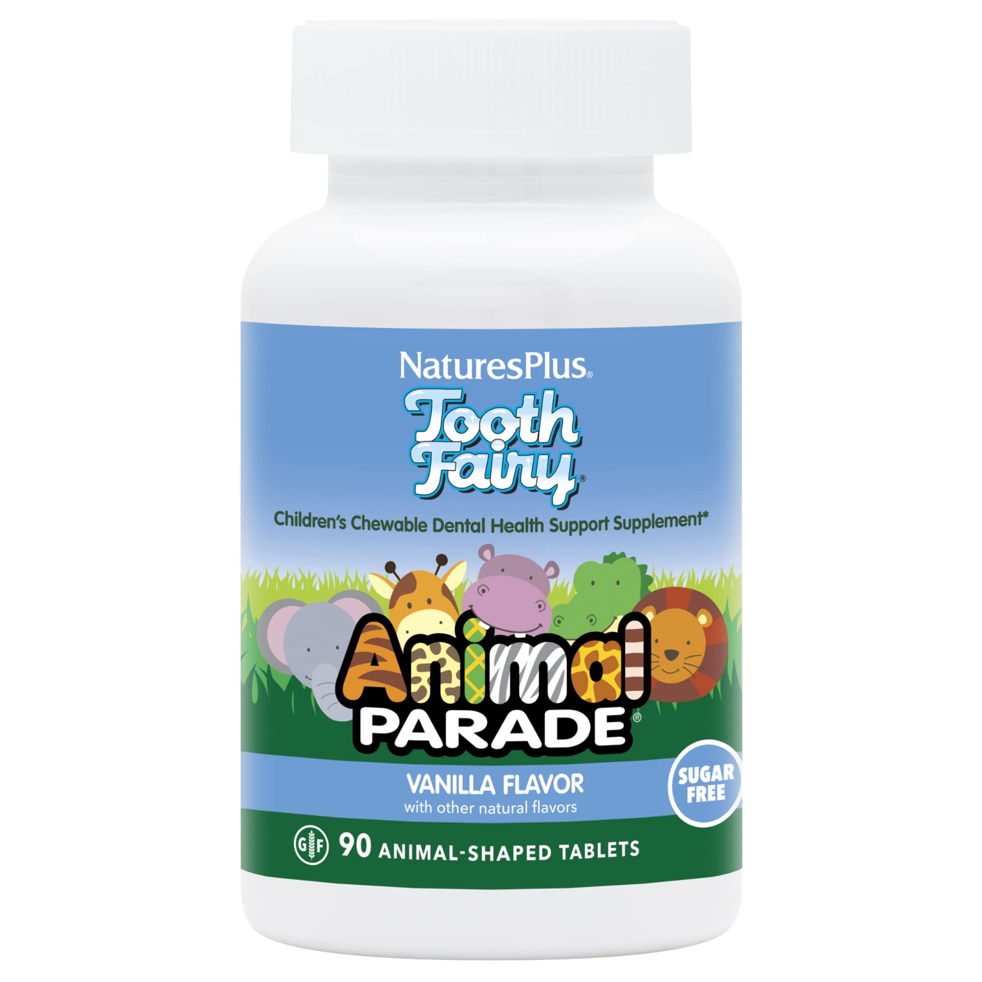 NaturesPlus Animal Parade Tooth Fairy bottle featuring vanilla chewables for kids' dental support