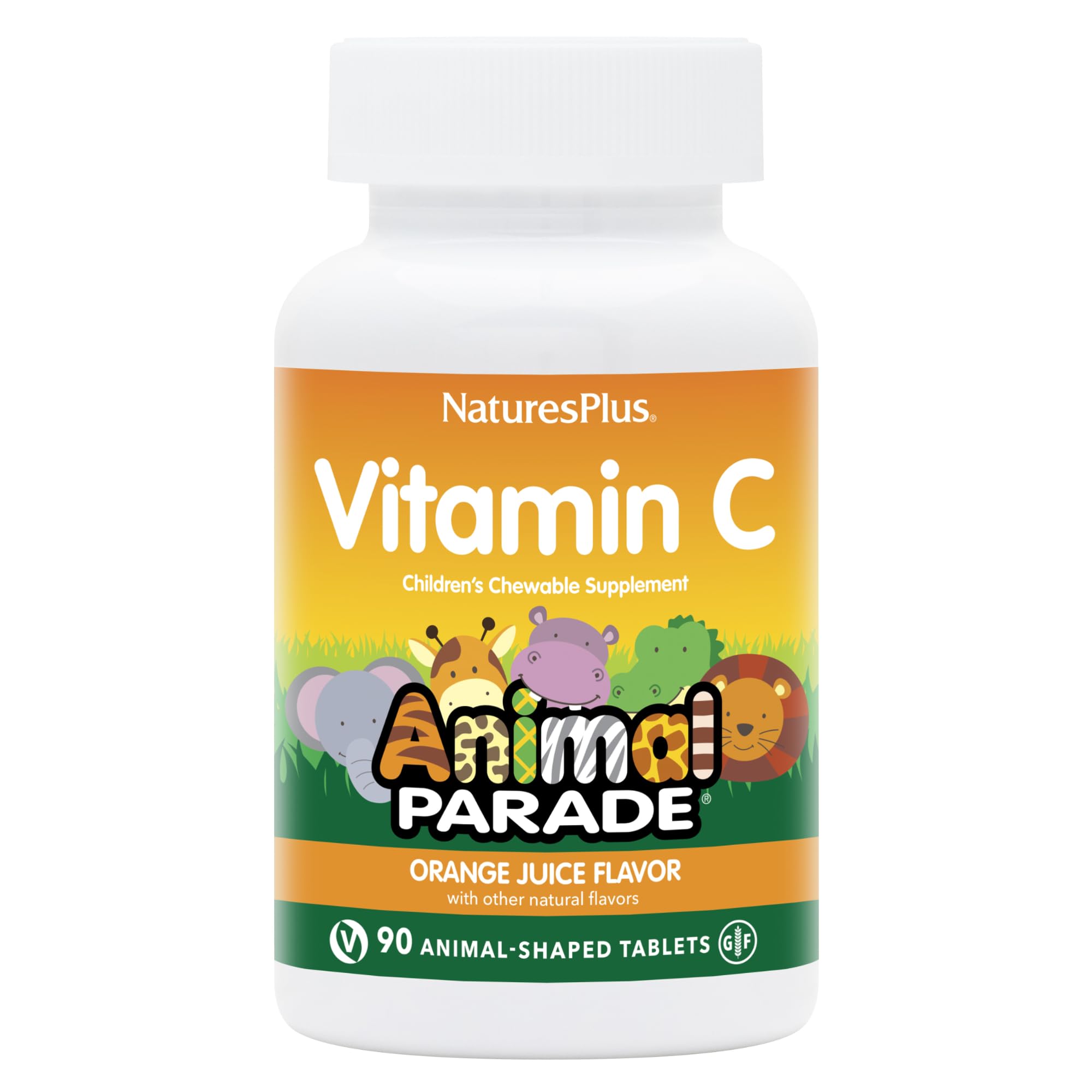 NaturesPlus Animal Parade Vitamin C bottle with kid-friendly chewables for daily wellness.
